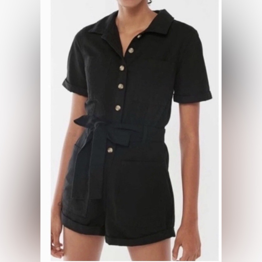Urban Outfitters Black Short-Sleeve Romper with Tie Waist